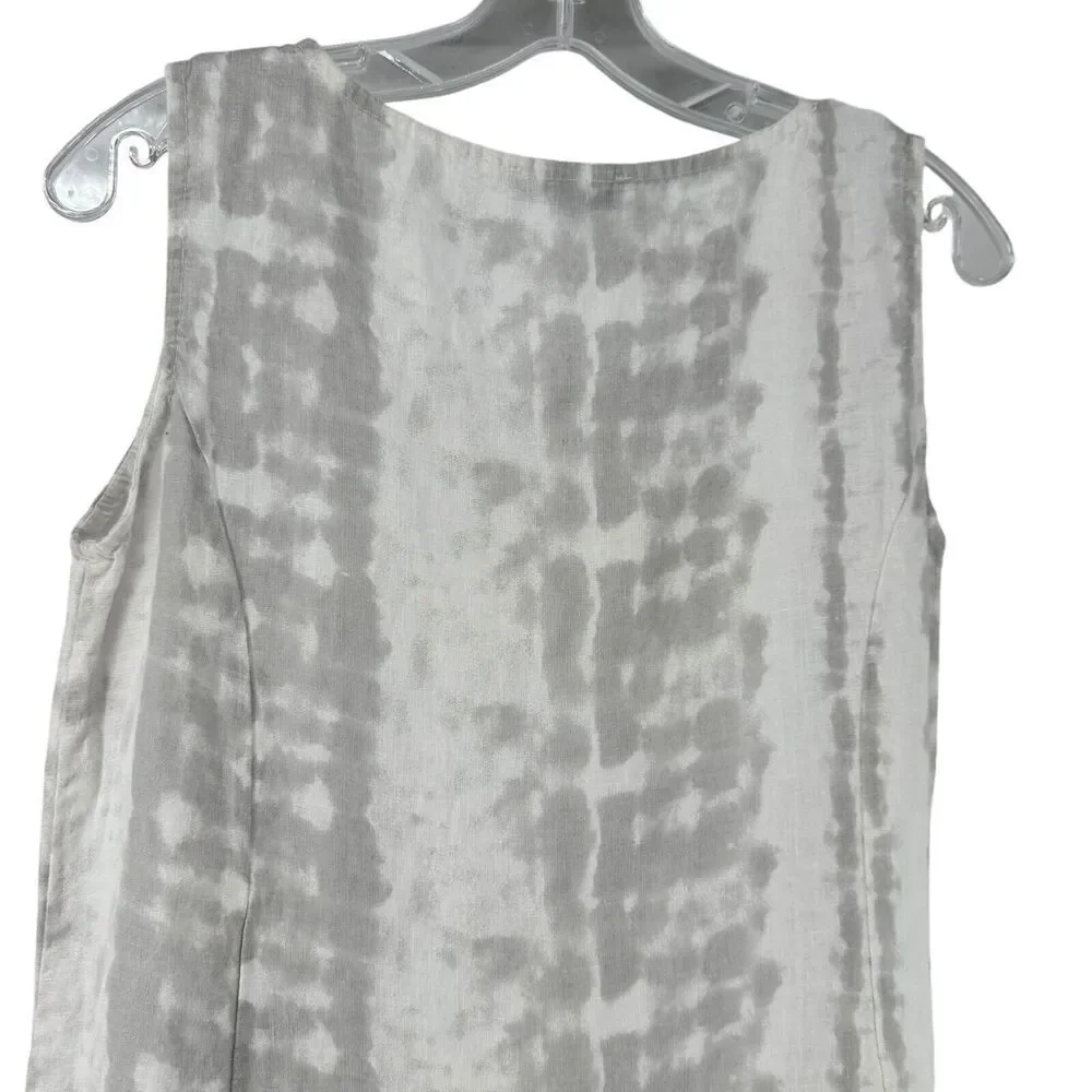 Italian Linen Dress Allegra Masetti Size M Sleevless Ruffle Gray White Beach - Picture 7 of 8